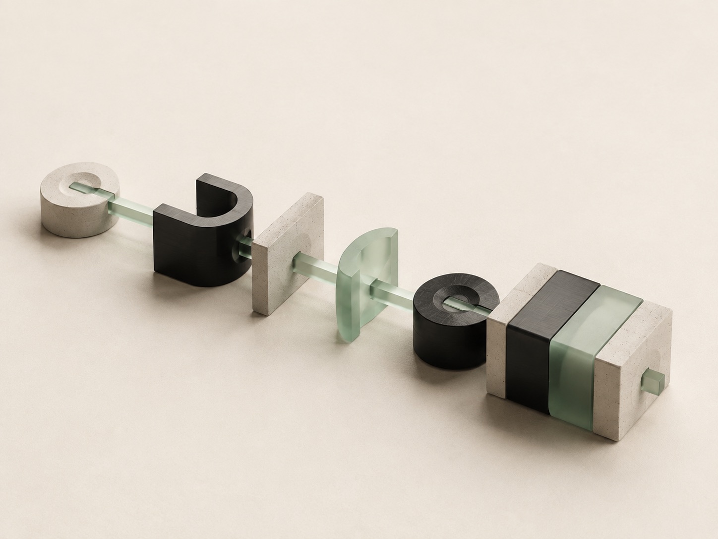 Modules de béton, de bois sombre et de verre teinté enfilés sur un même axe.
